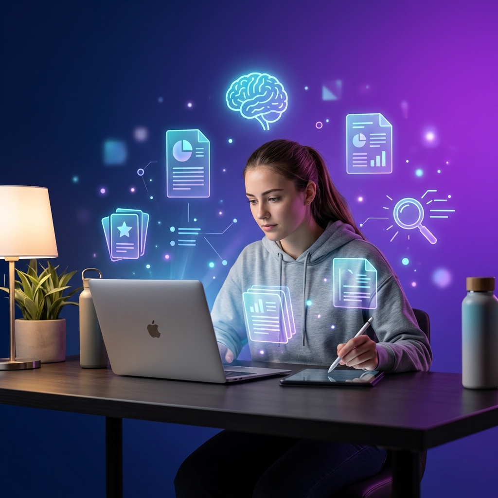 College student using AI productivity tools on a laptop with colorful holographic study notes floating above the screen
