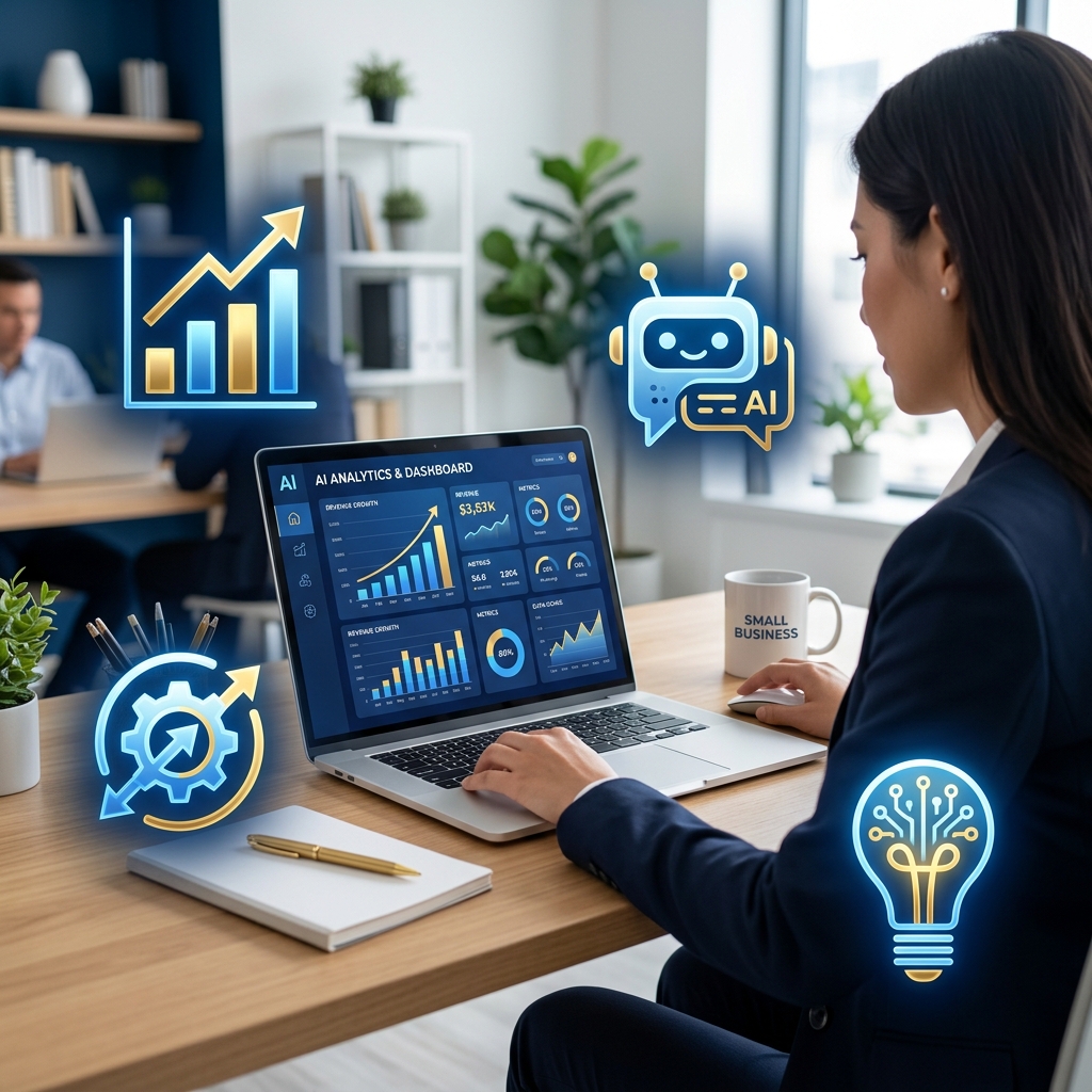 Small business owner using AI tools on a laptop to manage marketing and operations