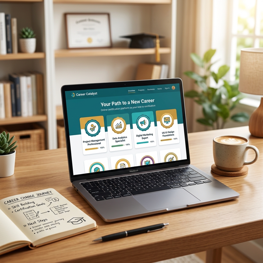 Professional reviewing online certification options on a laptop for a career change