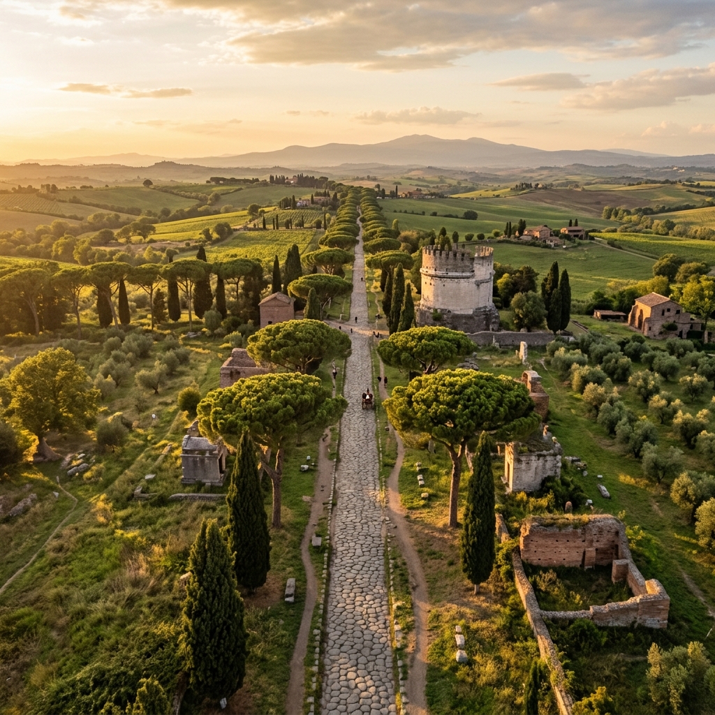 Ancient Roman road with preserved cobblestones stretching through the Italian countryside at golden hour