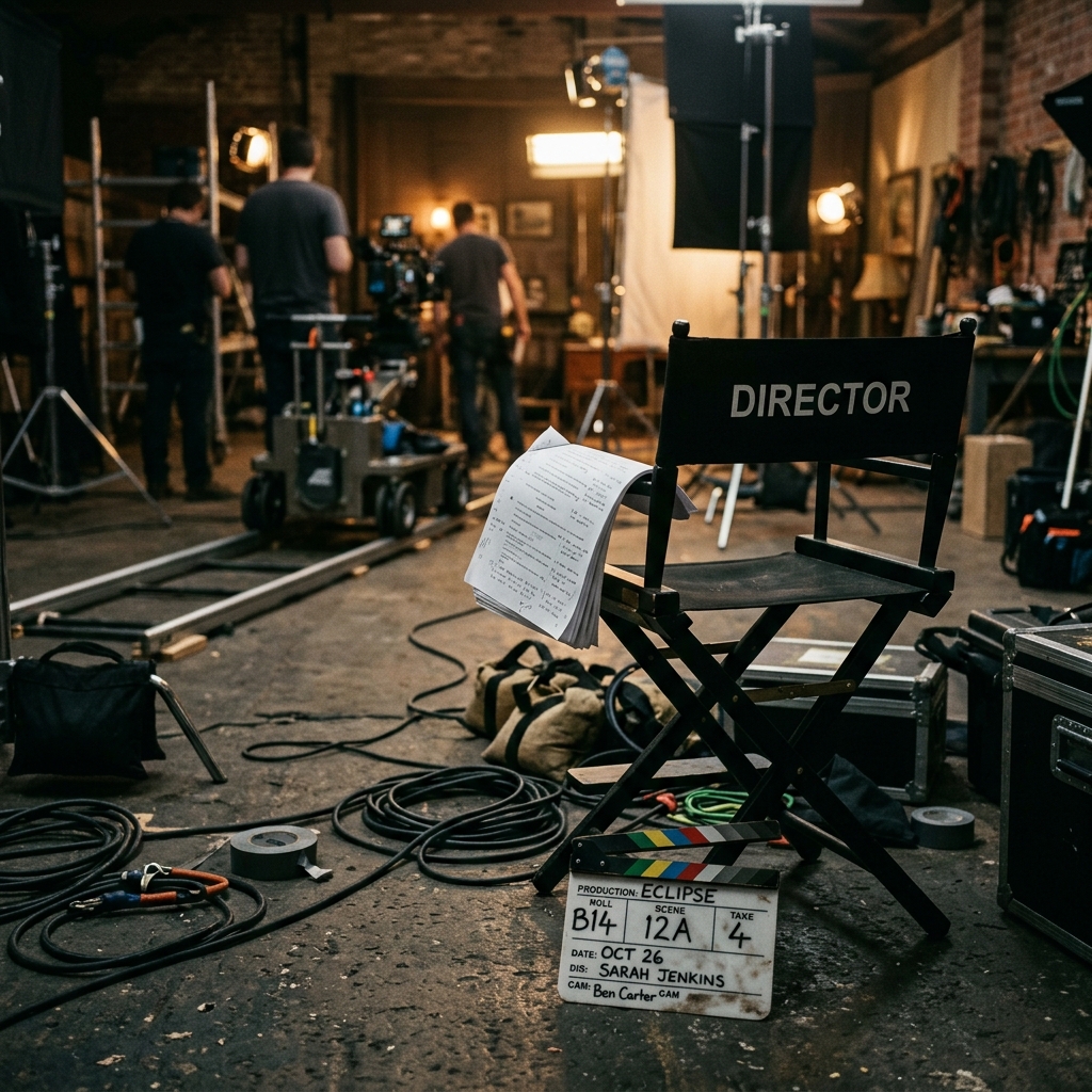 Cinematic Hollywood scene with dramatic stage lighting and film elements representing actor Chris Coy career profile