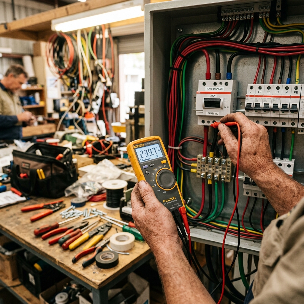 Electrician using a digital multimeter to measure voltage on an electrical panel in a workshop