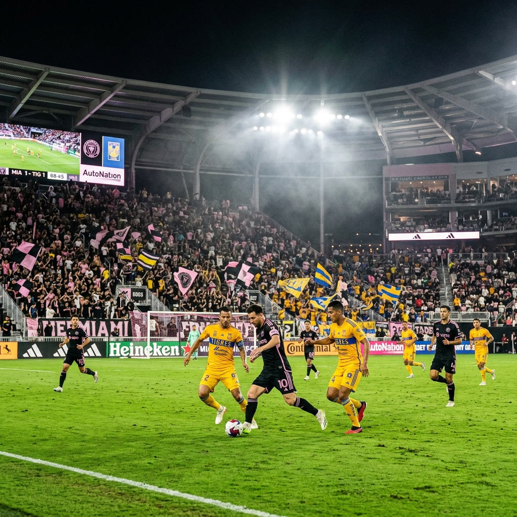 Inter Miami vs Tigres UANL match action under stadium lights during a Leagues Cup clash