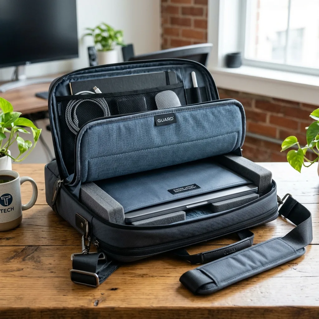 Laptop secured inside a well-padded laptop bag for safe transport