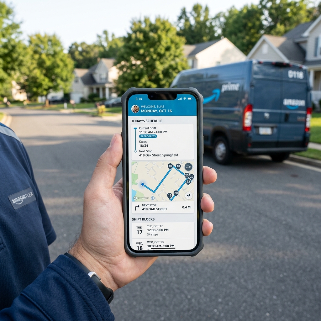 Smartphone displaying a delivery driver app interface with route maps and shift scheduling