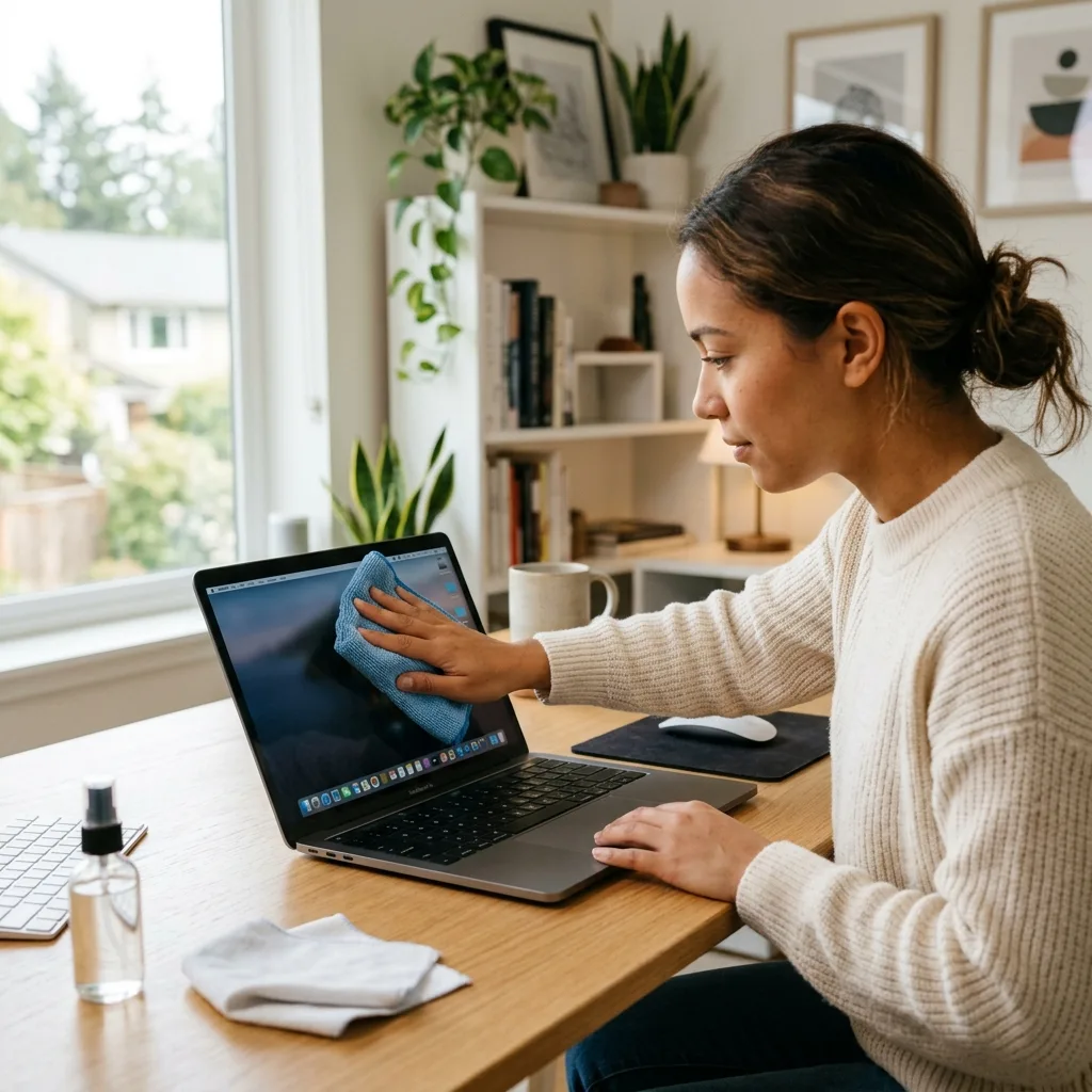 Gently cleaning a laptop screen with a microfiber cloth to remove pressure marks