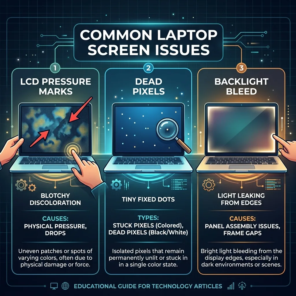 Comparison of LCD pressure damage, dead pixels, and backlight bleed on laptop screens