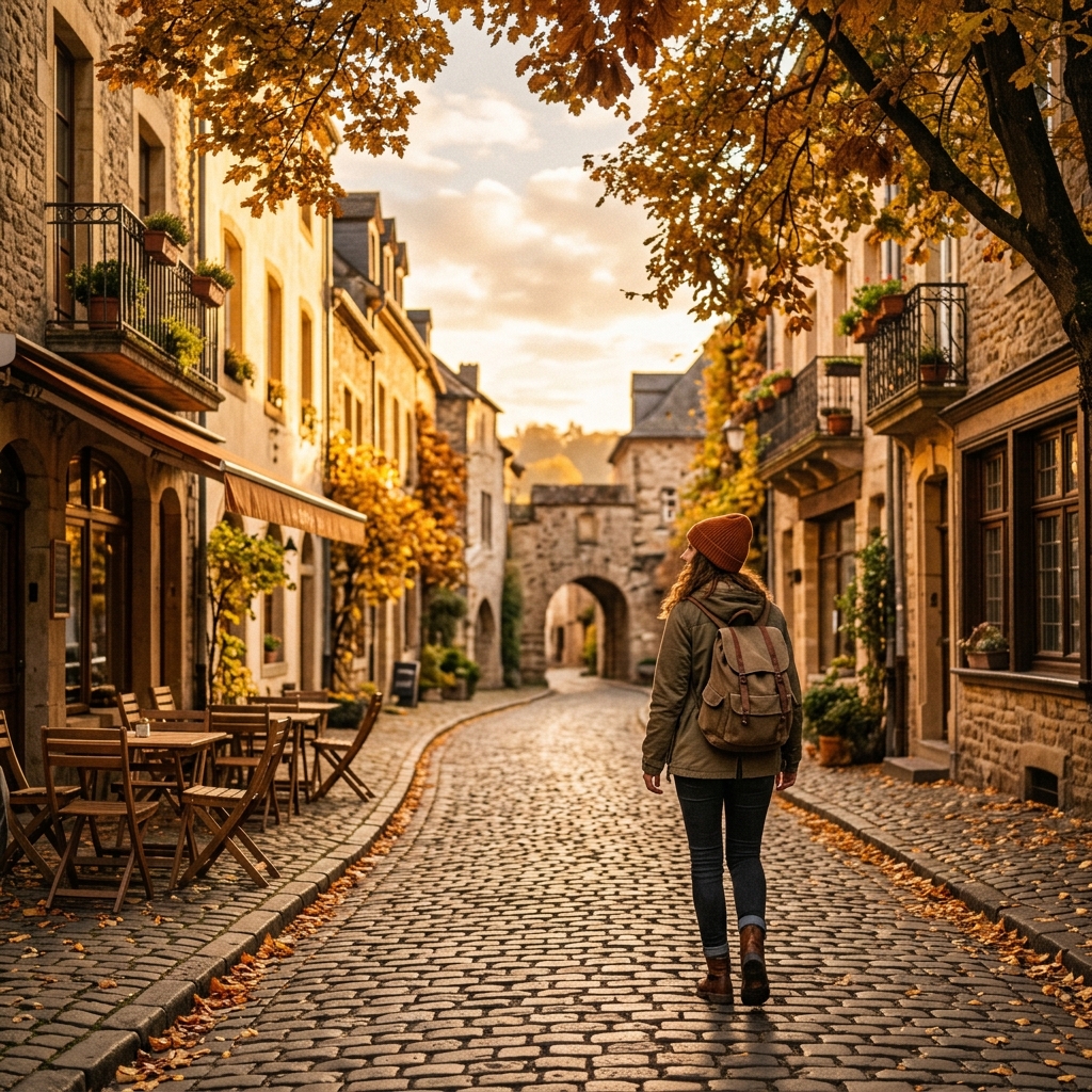A traveler walking through a quiet European cobblestone street during autumn shoulder season