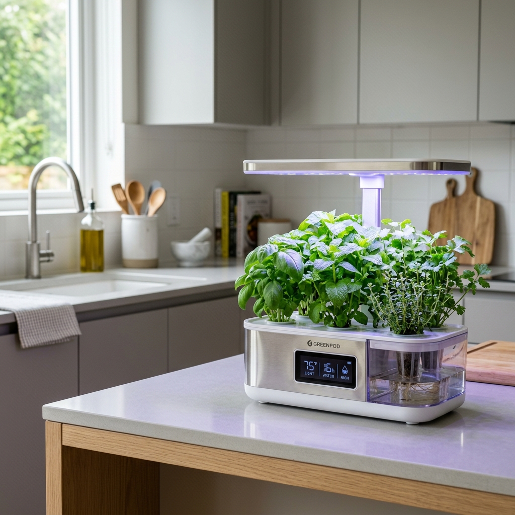 A countertop smart indoor garden system with LED grow lights illuminating fresh basil and lettuce