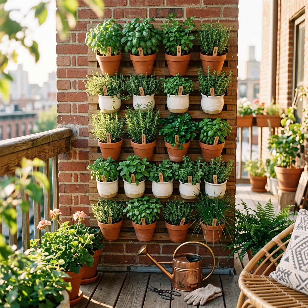 A lush vertical herb garden mounted on an apartment balcony wall with basil, thyme, and parsley