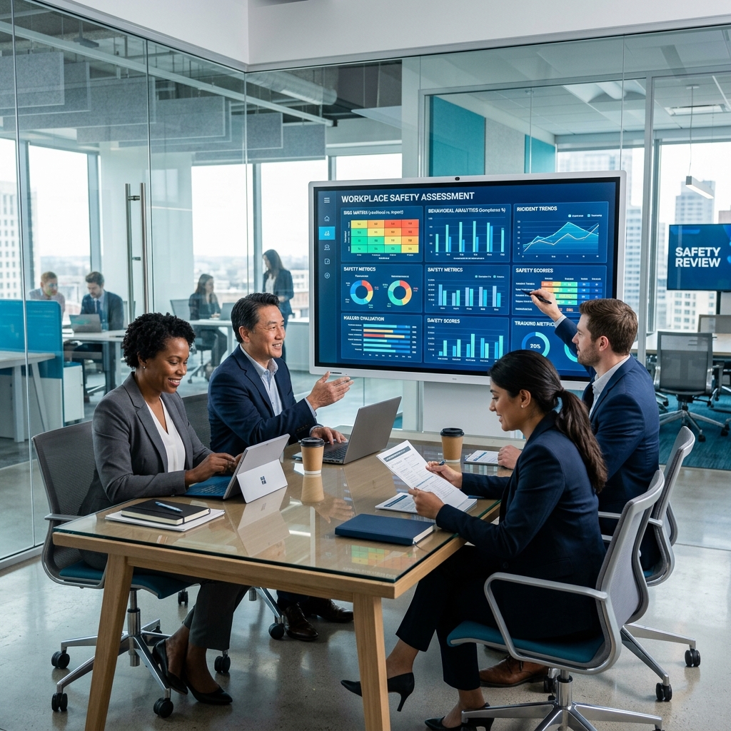 HR professionals conducting a workplace violence risk assessment using digital analytics screens