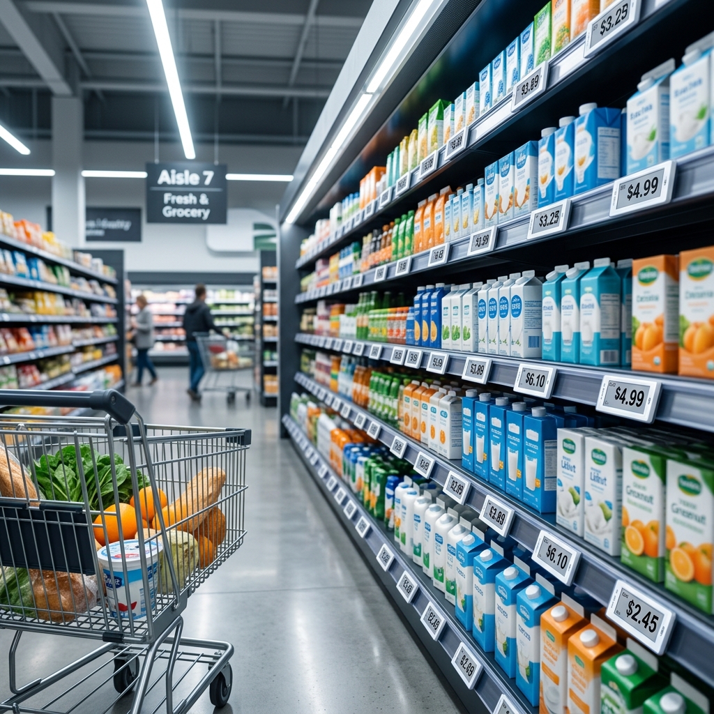 Electronic shelf label showing a changing price in a modern grocery store aisle
